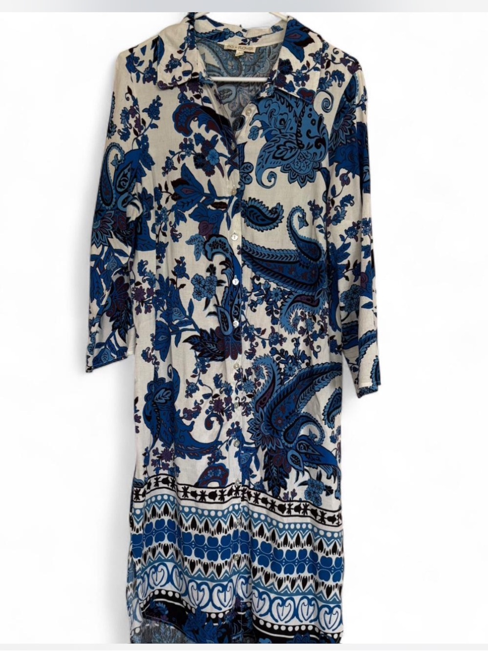 fig and flower Blue and Cream Paisley Midi Shirt Dress Size Large